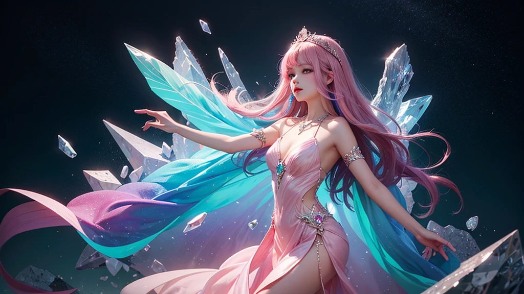 Highest quality，masterpiece，16K，One girl, bangs, Exposing shoulders, chest, Crown, crystallization, dress, From the side, gem,Colorful crystallizations,Crystal Headwear,There are many crystallizations on the clothes,Colorful Gradient Hair,カラフルなdress,Colorful crystals floating,Body crystals,Crystal Necklace,Colorful crystallization decoration,crystalline girl, Gradient Hair, jewelry, Long Hair, compensate, medium chest, Multicolored Hair, Pink Hair, alone, tiara