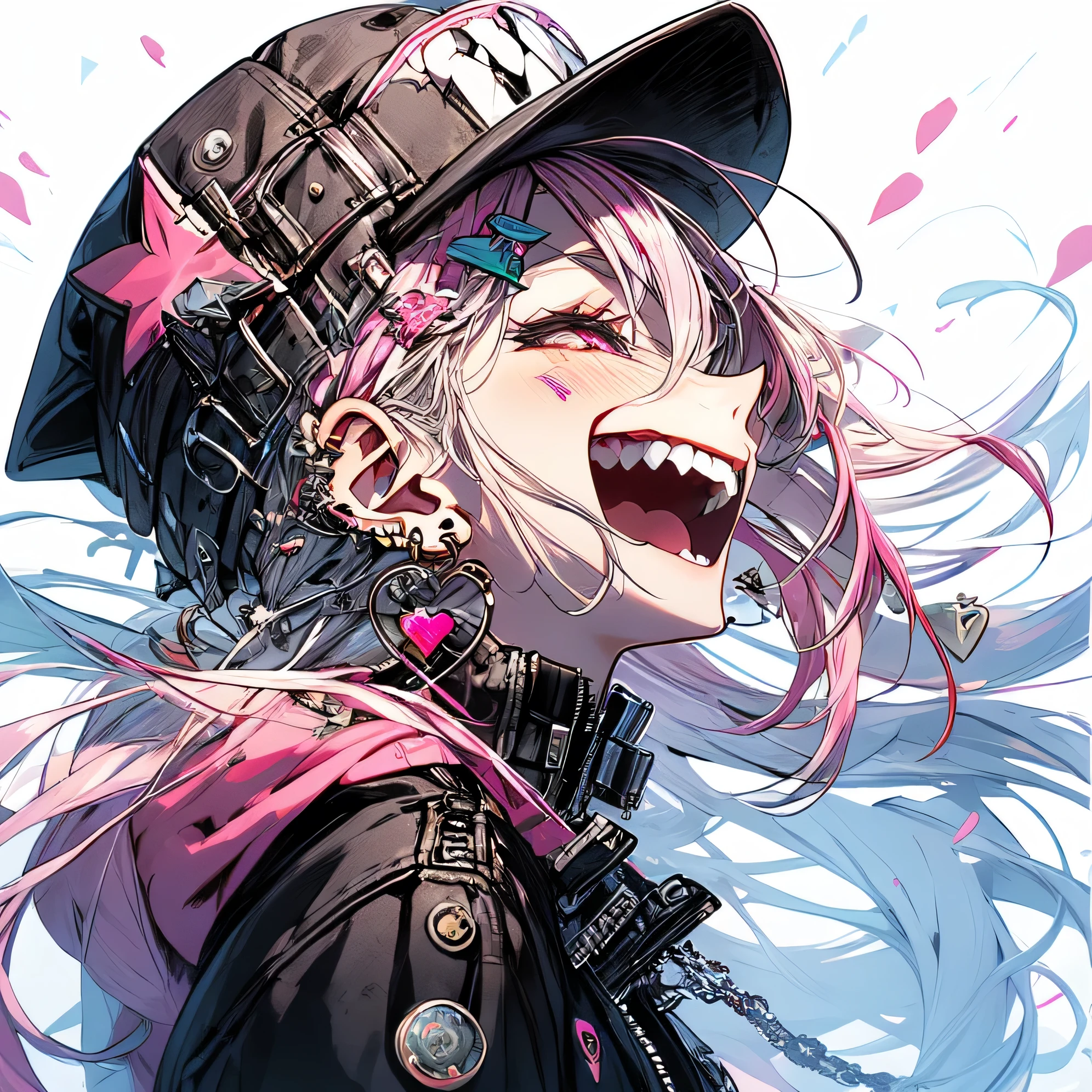 (masterpiece:1.2), best quality,PIXIV, beautiful Rebellious girl,portrait, 
1girl, hat, open mouth, glossy lips, pink hair, solo, mischievous smile, long hair, white background, jewelry, badge, button badge, hood, pink eyes, earrings, simple background, harajuku inspired jacket, long eyelashes, from side, hood down, star (symbol), profile, upper body, clothes writing, zipper, collar, massive accentuated super huge enormously gigantic breasts, chain, sexy seductive, cherry blossoms blowing in the wind, hat ornament, piercing, barcode, portrait, sticker, hoodie, smile, spikes, baseball cap
 