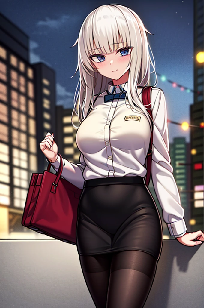 Ak-74m, masterpiece, solo, female, 1girl, 4k, standing, outdoor, night, blue skirt, pantyhose, white shirt, cowboy shot's, Bokeh 4K, looking at viewers, pencil skirt, carrying a bag, city