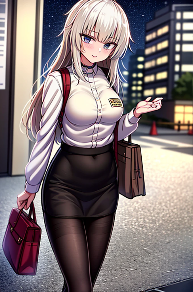 Ak-74m, masterpiece, solo, female, 1girl, 4k, standing, outdoor, night, blue skirt, pantyhose, white shirt, cowboy shot's, Bokeh 4K, looking at viewers, pencil skirt, carrying a bag, city
