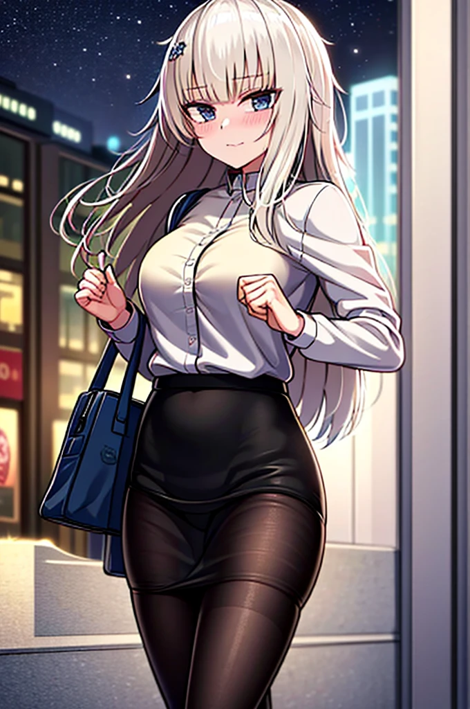 Ak-74m, masterpiece, solo, female, 1girl, 4k, standing, outdoor, night, blue skirt, pantyhose, white shirt, cowboy shot's, Bokeh 4K, looking at viewers, pencil skirt, carrying a bag, city