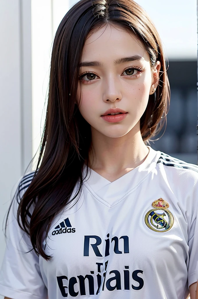 {{{Real Madrid}}}, {{Adidas soccer jersey on white background}}, {{{best quality}}}, {{{realistic}}}, {{{Detailed facial description}}}, realistic 눈동자, {{Beautiful beauties}}, female, realistic 유니폼 주름, {{{Real Madrid}}}, {{{soccer stadium}}}, Sponsor&#39;s name is Fly Emirates, {{{busty}}}