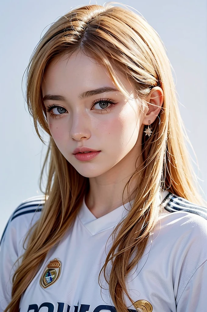 {{{Real Madrid}}}, {{Adidas soccer jersey on white background}}, {{{best quality}}}, {{{realistic}}}, {{{Detailed facial description}}}, realistic 눈동자, {{Beautiful beauties}}, female, realistic 유니폼 주름, {{{Real Madrid}}}, {{{soccer stadium}}}, Sponsor's name is Fly Emirates, {{{busty}}}