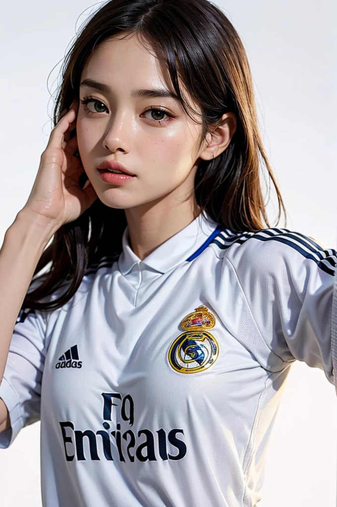 {{{Real Madrid}}}, {{Adidas soccer jersey on white background}}, {{{best quality}}}, {{{realistic}}}, {{{Detailed facial description}}}, realistic 눈동자, {{Beautiful beauties}}, female, realistic 유니폼 주름, {{{Real Madrid}}}, {{{soccer stadium}}}, Sponsor's name is Fly Emirates, {{{busty}}}
