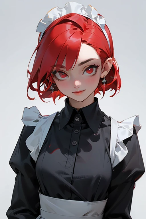 (masterpiece), ((best quality)), (super detailed), (beautiful eyes beautiful details eyes, Clean and delicate face, upper body), solo, (Red bob hair, red eyes:1.35), (maid costume, white maid headband), (Eyelid, Pupil, Sclera, Iris, eye shadow), smile, lips apart, simple background, looking at viewer