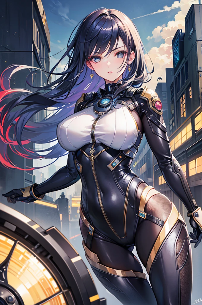 high quality,Photorealistic,mechanical,girl,girlfriend,metallic,Shiny,detailed,Expressive eyes and lips,beautiful detailed face,Strong posture,Industrial Settings,Dynamic pose,comminicate,Blurred Background,Studio Lighting,SF wind,Vibrant colors,utopian atmosphere