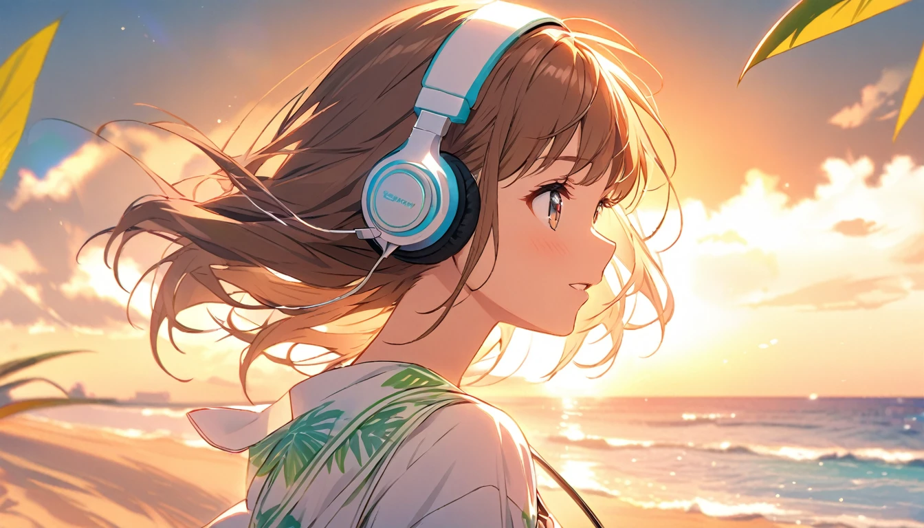 Girl wearing headphones,Brown Hair,1 person,bright,Detailed Background,Summer Breeze - Feel the freshness of summer