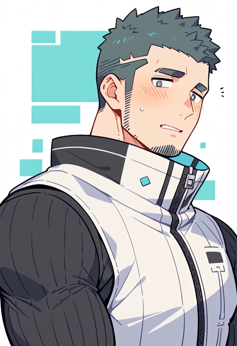 anime characters:Gyee Priapus, Muscle Sports Student, Buzz Cut, Manliness, male focus, Yellow and black striped high collar long sleeve tights, Wear a black high-necked tights inside, Very tight, Regular symmetrical pattern, full and perky chest muscles, muscular male, muscular, only, Upper body, alone, Red short hair, Thick eyebrows, stubble, Brown-red pupils, White background, simple background, amazing quality, best aesthetics, Ridiculous, crew cut, parted lips, flustered, endured face, shy, blush, negative space, best quality
