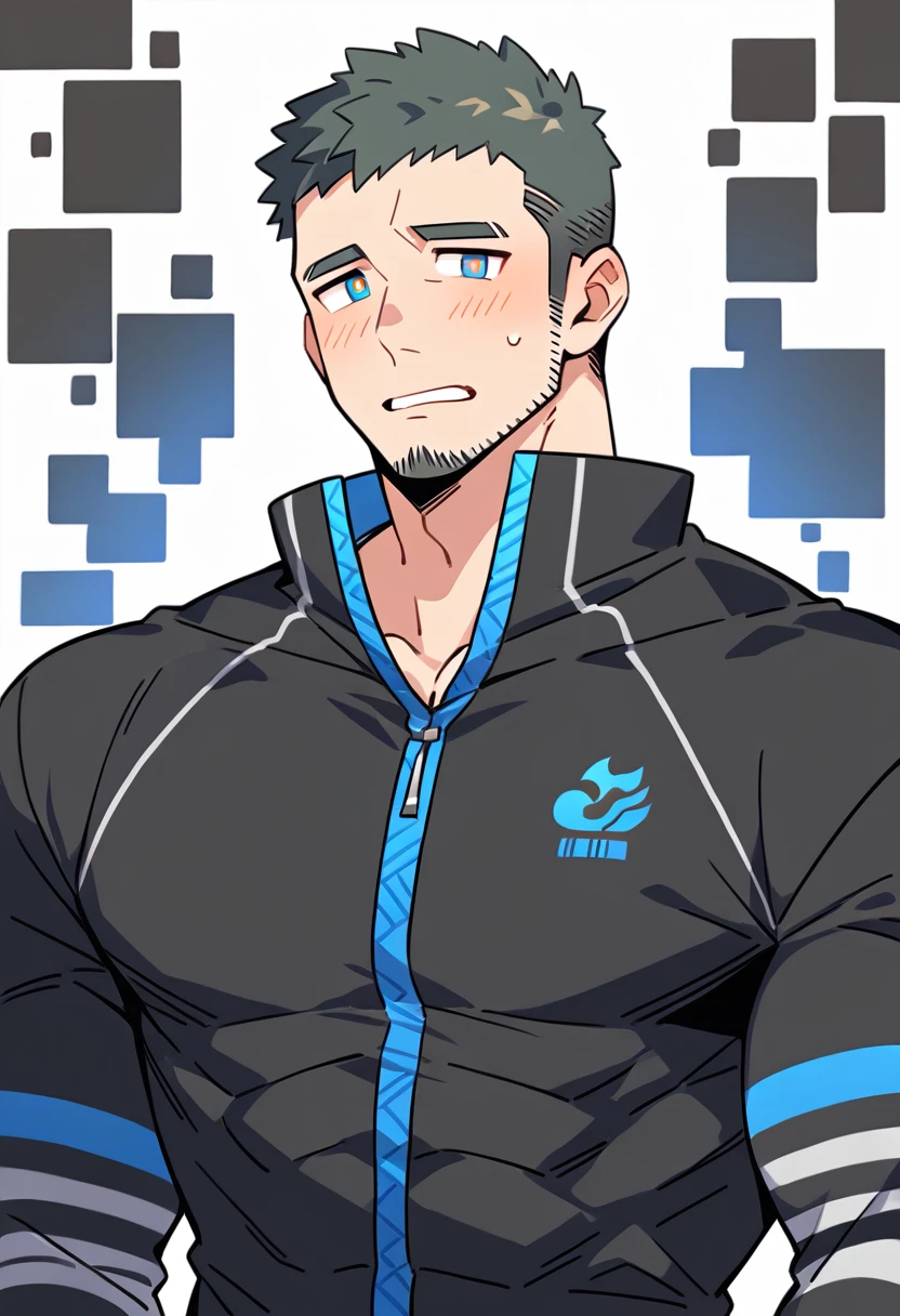 anime characters：Gyee Priapus, Muscle Sports Student, Buzz Cut, Manliness, male focus, Yellow and black striped high collar long sleeve tights, Wear a black high-necked tights inside, Very tight, Regular symmetrical pattern, full and perky chest muscles, muscular male, muscular, only, Upper body, alone, Red short hair, Thick eyebrows, stubble, Brown-red pupils, White background, simple background, amazing quality, best aesthetics, Ridiculous, crew cut, parted lips, flustered, endured face, shy, blush, negative space, best quality