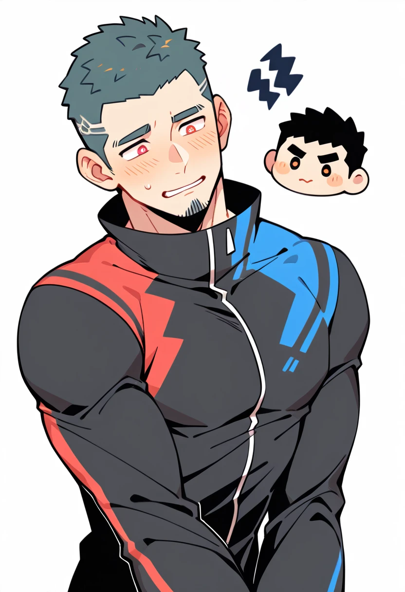 anime characters:Gyee Priapus, Muscle Sports Student, Buzz Cut, Manliness, male focus, Yellow and black striped high collar long sleeve tights, Wear a black high-necked tights inside, Very tight, Regular symmetrical pattern, full and perky chest muscles, muscular male, muscular, only, Upper body, alone, Red short hair, Thick eyebrows, stubble, Brown-red pupils, White background, simple background, amazing quality, best aesthetics, Ridiculous, crew cut, parted lips, flustered, endured face, shy, blush, negative space, best quality