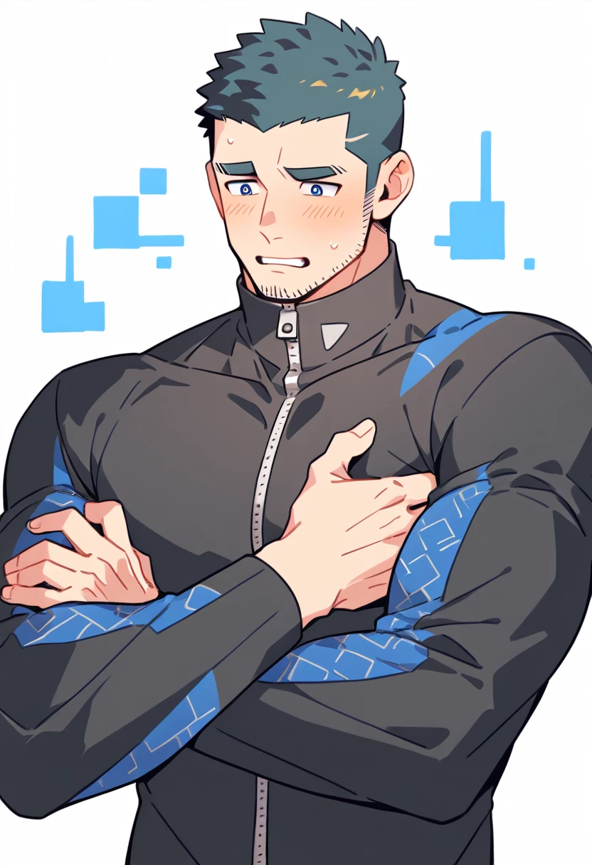 anime characters:Gyee Priapus, Muscle Sports Student, Buzz Cut, Manliness, male focus, Yellow and black striped high collar long sleeve tights, Wear a black high-necked tights inside, Very tight, Regular symmetrical pattern, full and perky chest muscles, muscular male, muscular, only, Upper body, alone, Red short hair, Thick eyebrows, stubble, Brown-red pupils, White background, simple background, amazing quality, best aesthetics, Ridiculous, crew cut, parted lips, flustered, endured face, shy, blush, negative space, best quality