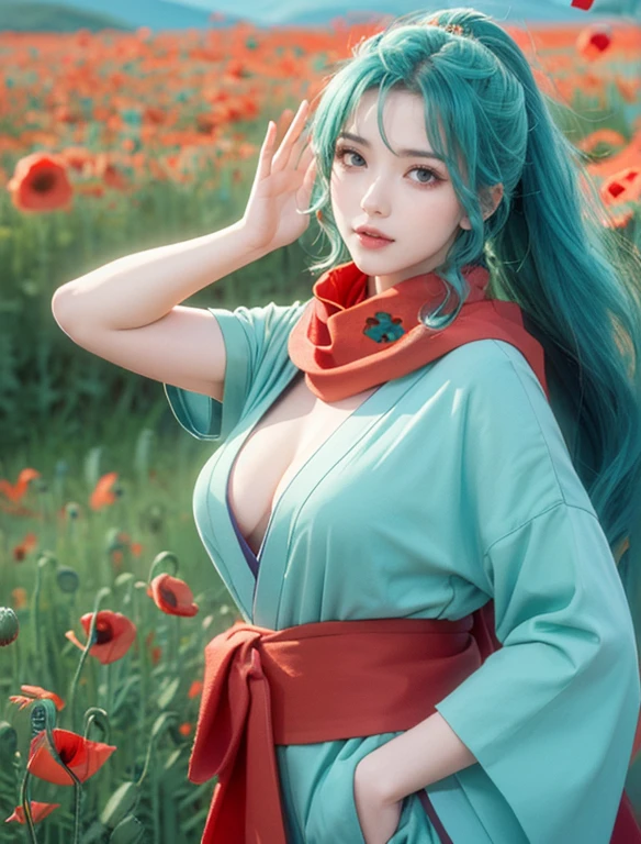 photorealistic, (4k), depth of field, (Masterpiece), (realistic skin texture), extremely detailed, intricate, hyper detailed, high resolution, professional photography, bokeh, sharp detail, best quality, woman,  green kimono, long hair, aqua hair, ponytail, red eyes, red scarf, large breasts, waving , open field,  (field of poppies:1.5), mountains in background,