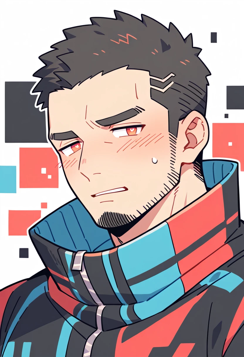 anime characters：Gyee Priapus, Muscle Sports Student, Buzz Cut, Manliness, male focus, Yellow and black striped high collar long sleeve tights, Wear a black high-necked tights inside, Very tight, Regular symmetrical pattern, full and perky chest muscles, muscular male, muscular, only, Upper body, alone, Red short hair, Thick eyebrows, stubble, Brown-red pupils, White background, simple background, amazing quality, best aesthetics, Ridiculous, crew cut, parted lips, flustered, endured face, shy, blush, negative space, best quality