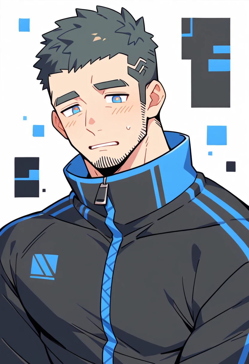 anime characters:Gyee Priapus, Muscle Sports Student, Buzz Cut, Manliness, male focus, Yellow and black striped high collar long sleeve tights, Wear a black high-necked tights inside, Very tight, Regular symmetrical pattern, full and perky chest muscles, muscular male, muscular, only, Upper body, alone, Red short hair, Thick eyebrows, stubble, Brown-red pupils, White background, simple background, amazing quality, best aesthetics, Ridiculous, crew cut, parted lips, flustered, endured face, shy, blush, negative space, best quality
