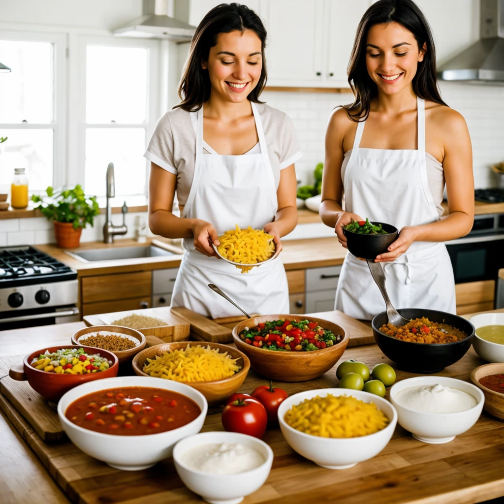 Woman preparing delicious burritos and the table full of ingredients