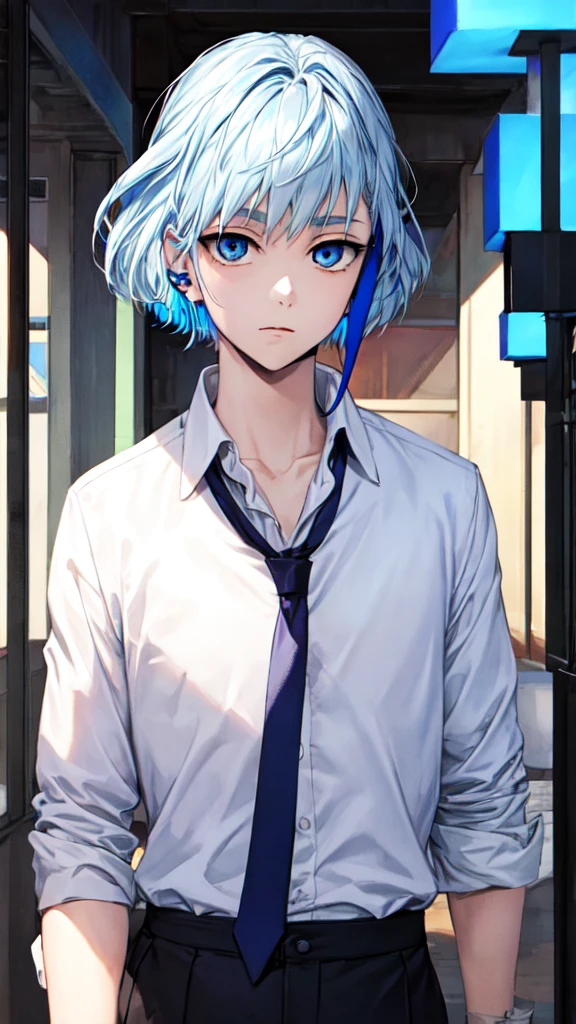 masterpiece, 最high quality, high quality, One boy, alone, Male Focus, View your audience, Upper Body, Aguero_Agnes_when, Blue Hair, blue eyes, Multicolored Hair, Blue cube