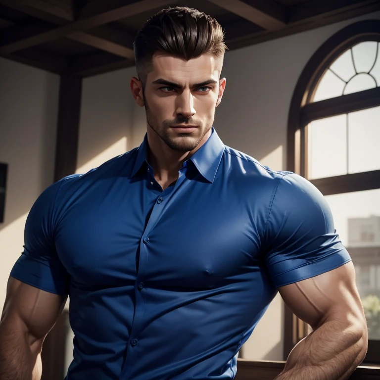 a very handsome man, mid fade haircut, muscular, royal blue shirt, detailed face, beautiful eyes, striking jawline, chiseled features, perfect skin, strong arms, broad shoulders, dynamic pose, high-quality, photorealistic, 8k, hyper-detailed