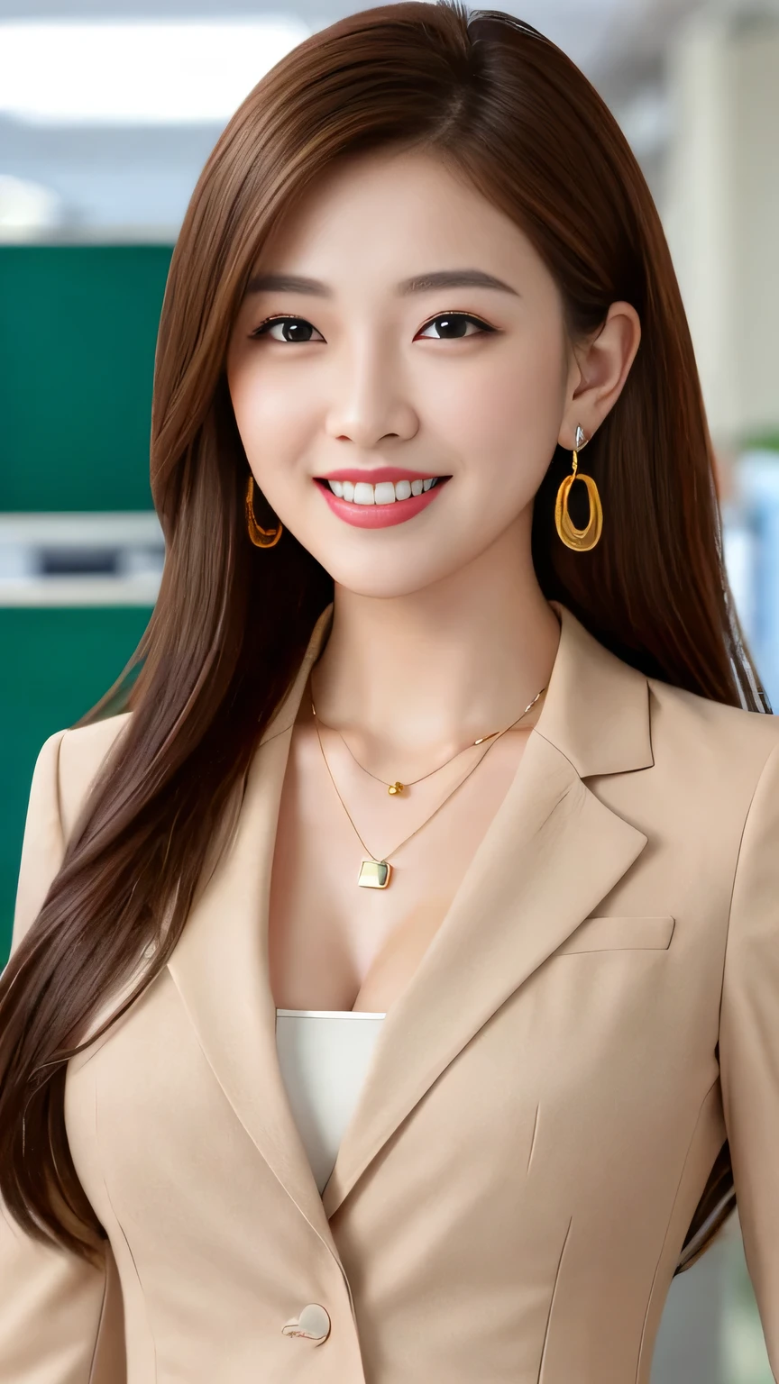 Highest quality:1.2), RAW Photos, High resolution, Very detailed, Intricate details, 、、ear piercing、smile、Beautiful teeth alignment、Light brown hair、Clear beauty,(High quality fabric, Office Lady Suits )、Necklace around the neck、, The background is the office