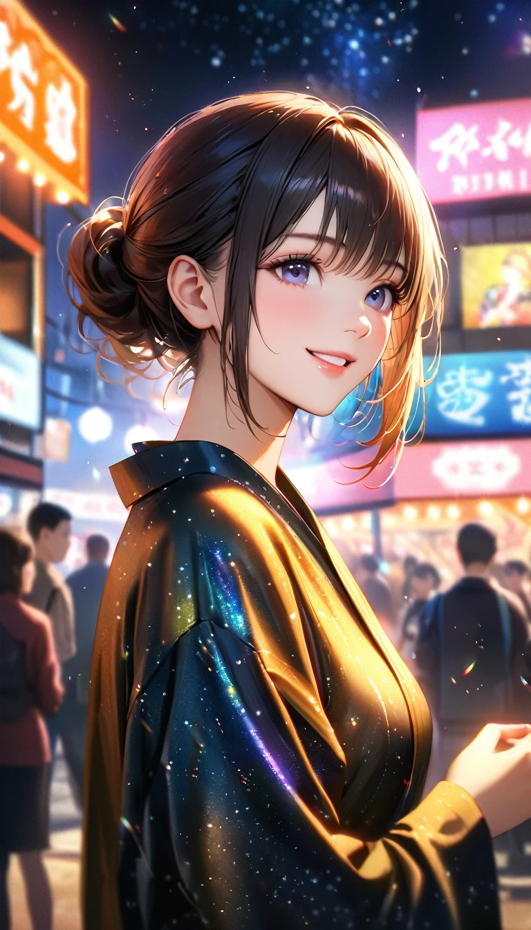 Young woman enjoying the summer festival,night, Starry Sky,Cute Yukata,Gazing at the sky,Blur the background,high school girl,smile,Glitter effect,Highest quality, 8k, High resolution, masterpiece:1.2, Very detailed, Realistic:1.37, High resolution, 超High resolution, Ultra-fine painting, Very detailed, Professional, Vibrant colors