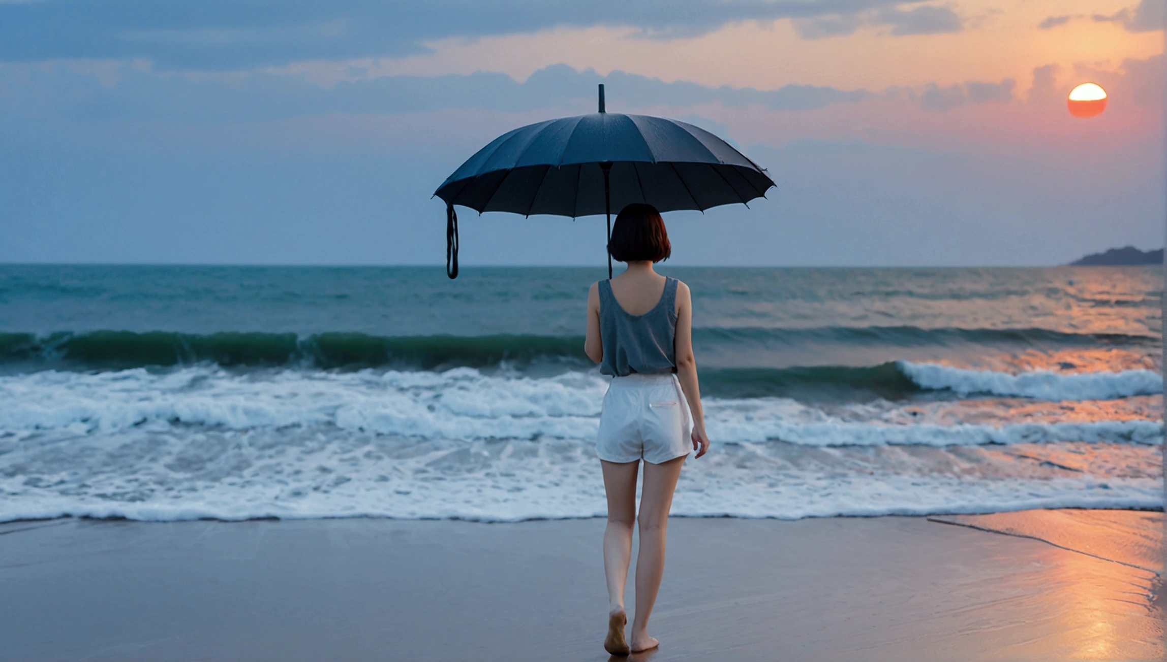 8k, Vivid picture quality, Vivid picture quality, long deserted beach, walking slowly from afar, Short hair, beautiful appearance, Model-like body, sunset의 붉은 빛, sunset, alone, afternoon, depressed, tide가 밀려온다, rain, medium size black umbrella, ocean, tide, wind, rain가 내리는, Short and slim Korean woman, Clear picture quality, tower, White shorts, rain가 내리는, Looking to the side with a black umbrella, The red sun goes into the sea, Short hair