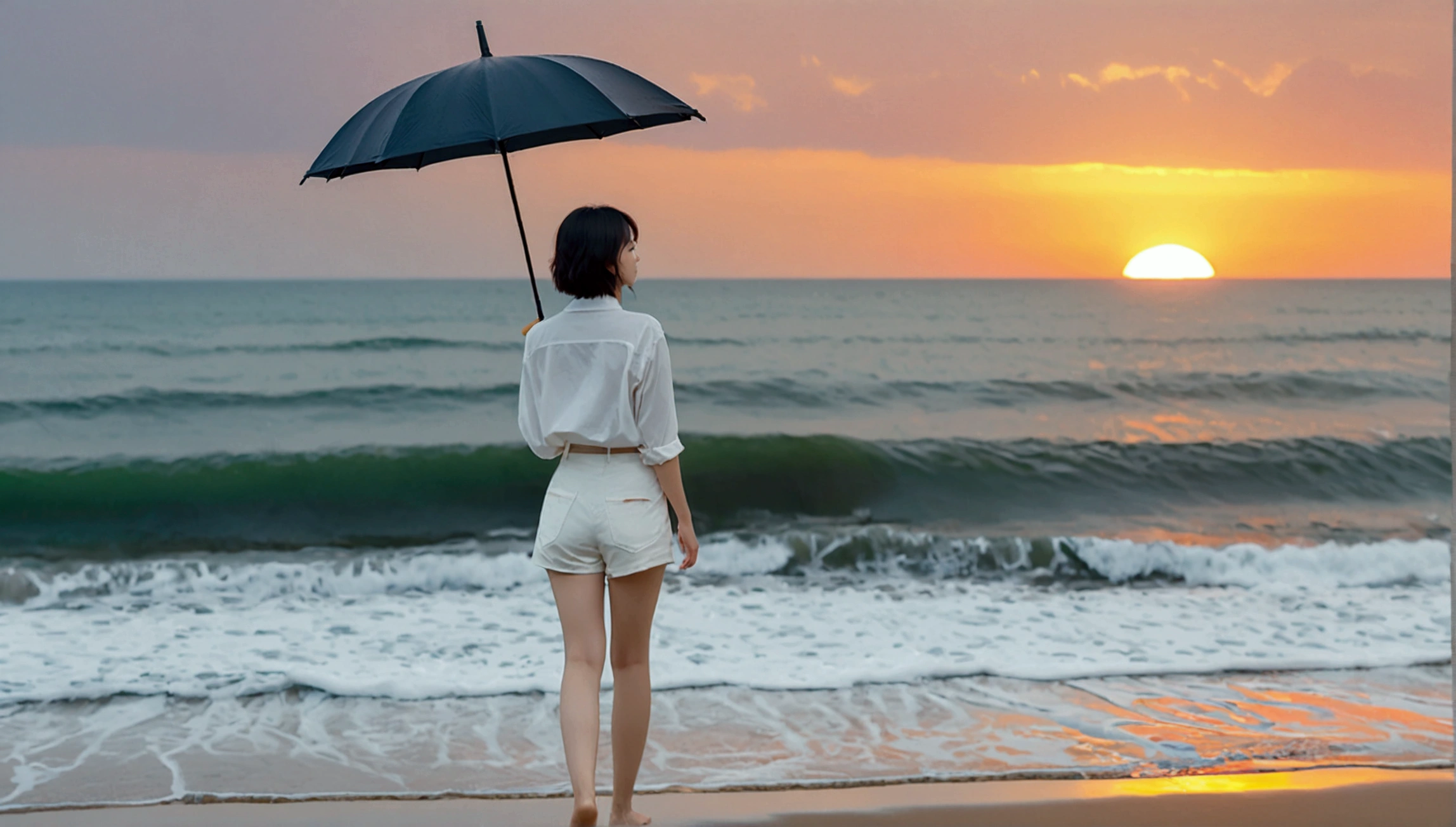8k, Vivid picture quality, Vivid picture quality, long deserted beach, walking slowly from afar, Short hair, beautiful appearance, Model-like body, sunset의 붉은 빛, sunset, alone, afternoon, depressed, tide가 밀려온다, rain, medium size black umbrella, ocean, tide, wind, rain가 내리는, Short and slim Korean woman, Clear picture quality, tower, White shorts, rain가 내리는, Looking to the side with a black umbrella, The red sun goes into the sea, Short hair