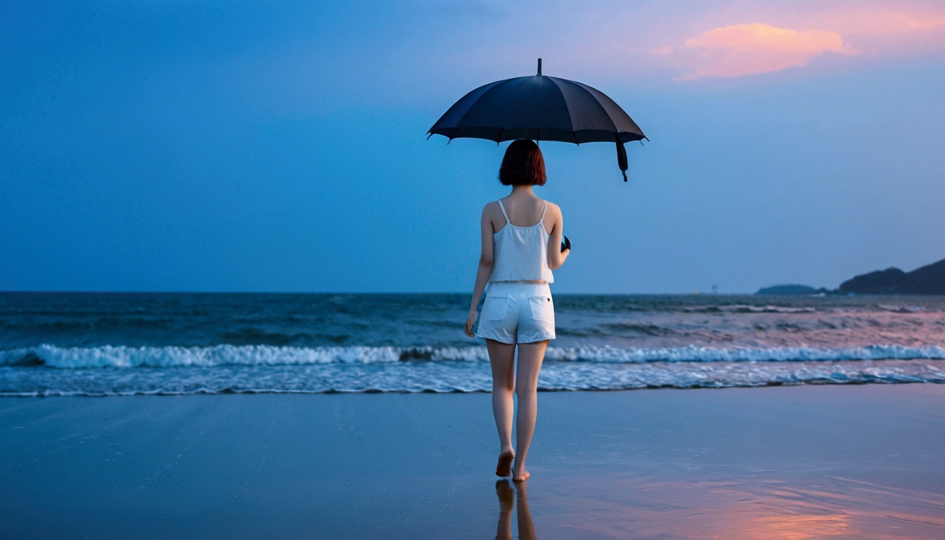 8k, Vivid picture quality, Vivid picture quality, long deserted beach, walking slowly from afar, Short hair, beautiful appearance, Model-like body, sunset의 붉은 빛, sunset, alone, afternoon, depressed, tide가 밀려온다, rain, medium size black umbrella, ocean, tide, wind, rain가 내리는, Short and slim Korean woman, Clear picture quality, tower, White shorts, rain가 내리는, Looking to the side with a black umbrella, The red sun goes into the sea, Short hair