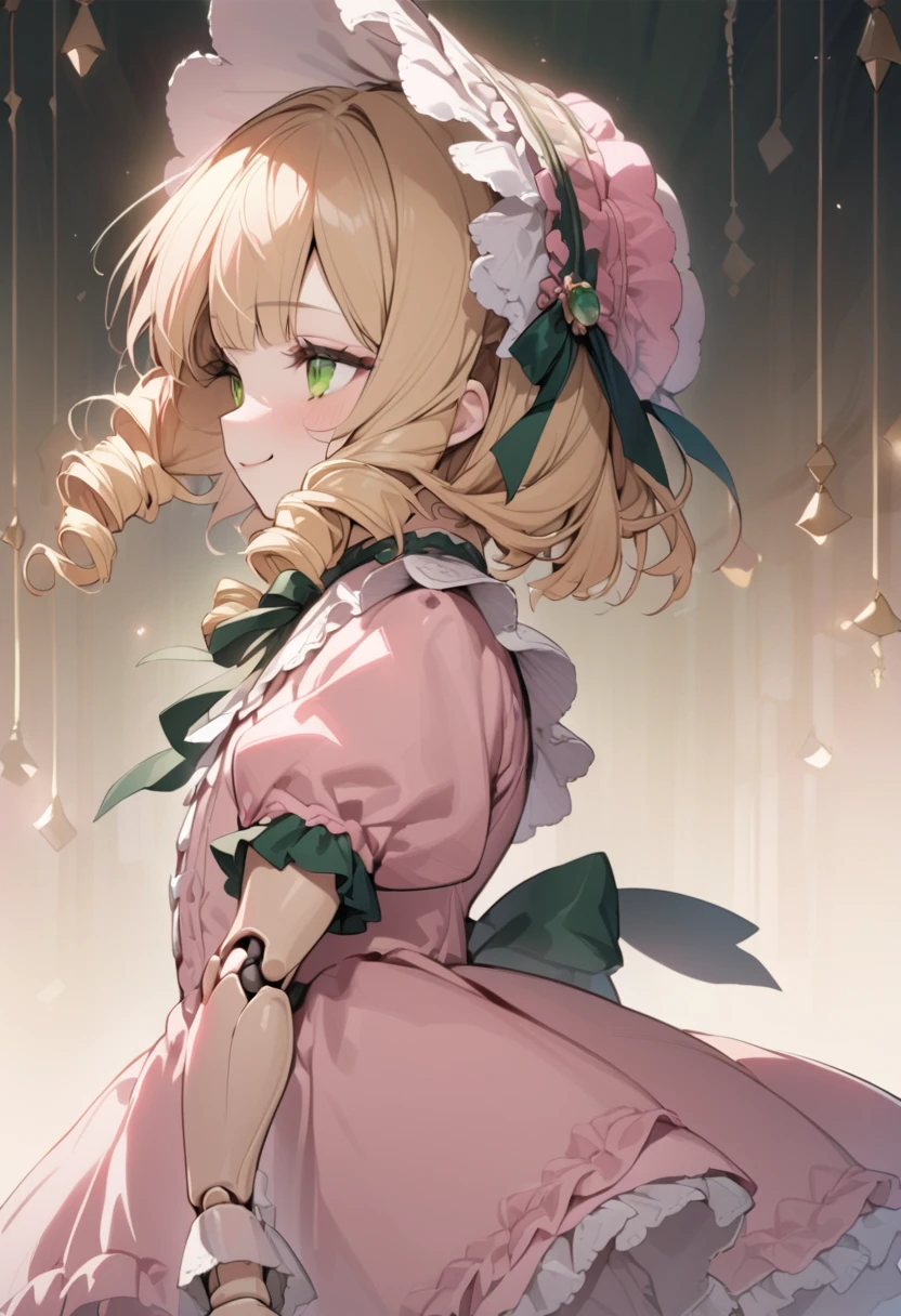 Blonde hair,ringlet,emerald green eyes,long eyelashes,light pink victorian dress,puffy short sleeves,frilled dress,frilly wide brimmed Bonnet with bows,fringe bangs,bustshot,masterpiece,highress,soft smile,bishoujo,peterpan collar,sideview,facing away,solo,(pink clothes),ball joins,doll joints,