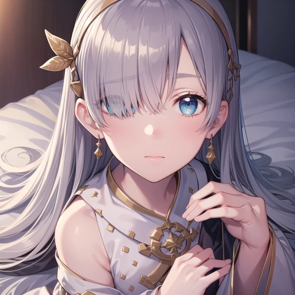 ((close up of face)),((Sleeping in bed)),Overhead Shot,fgoAnastasia, Anastasia, blue eyes, Grey Hair, Hair between the eyes, (Hair on one eye:1.5), Long Hair, bangs,Exposed shoulders,Beautiful eyes like jewels,
break blue Cape, brown hair band, Cape, dress, Fur trim, hair band, Royal Robes, sash, tachi-e, white dress, Wide sleeves,
break looking at viewer,
break indoors,
break (masterpiece:1.2), Highest quality, High resolution, unity 8k wallpaper, (figure:0.8), (Beautiful attention to detail:1.6), Highly detailed face, Perfect lighting, Highly detailed CG, (Perfect hands, Perfect Anatomy),