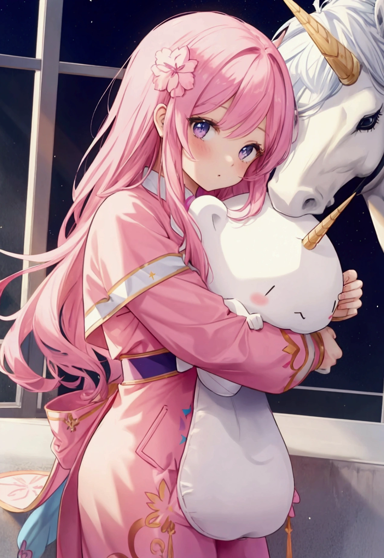 beautiful girl with pink hair in a unicorn costume hugs the globe
