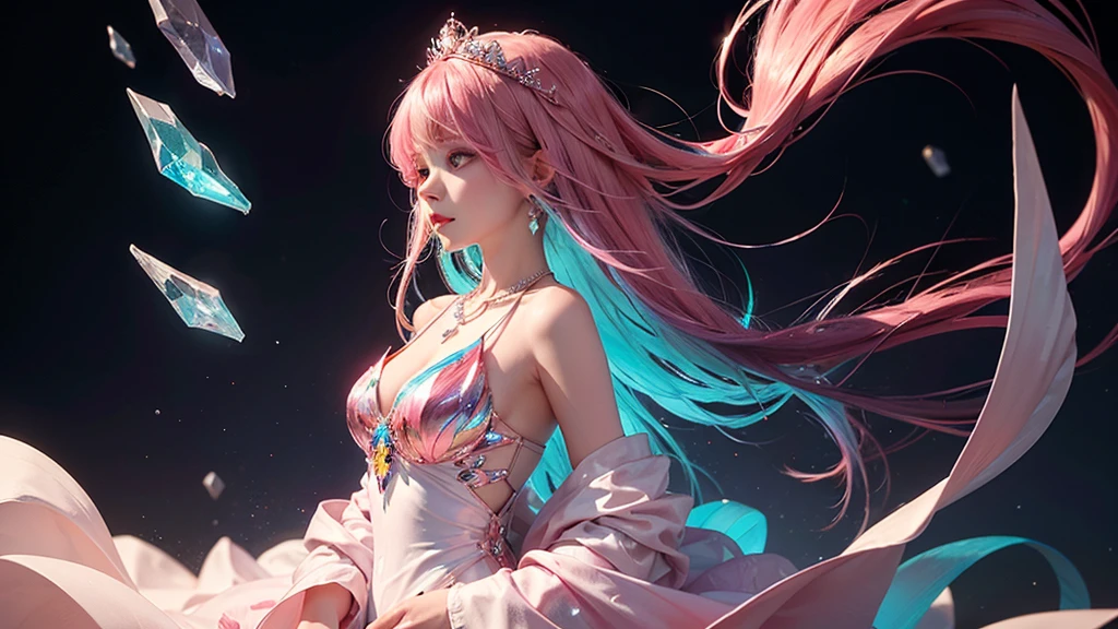 Highest quality,masterpiece,16K,One girl, bangs, Exposing shoulders, chest, Crown, crystallization, dress, From the side, gem,Colorful crystallizations,Crystal Headwear,There are many crystallizations on the clothes,Colorful Gradient Hair,カラフルなdress,Colorful crystals floating,Body crystals,Crystal Necklace,Colorful crystallization decoration,crystalline girl, Gradient Hair, jewelry, Long Hair, compensate, medium chest, Multicolored Hair, Pink Hair, alone, tiara