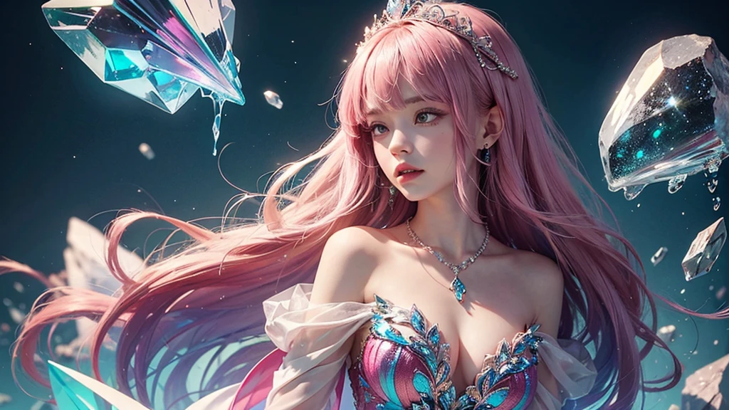 Highest quality,masterpiece,16K,One girl, bangs, Exposing shoulders, chest, Crown, crystallization, dress, From the side, gem,Colorful crystallizations,Crystal Headwear,There are many crystallizations on the clothes,Colorful Gradient Hair,カラフルなdress,Colorful crystals floating,Body crystals,Crystal Necklace,Colorful crystallization decoration,crystalline girl, Gradient Hair, jewelry, Long Hair, compensate, medium chest, Multicolored Hair, Pink Hair, alone, tiara