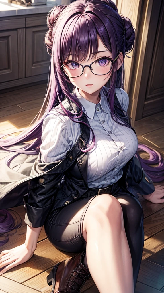 (masterpiece), best quality, expressive eyes, perfect face, purple hair, yellow eyes, women, white blouse, hair in a bun, black pants, one person, pretty, anime, black glasses