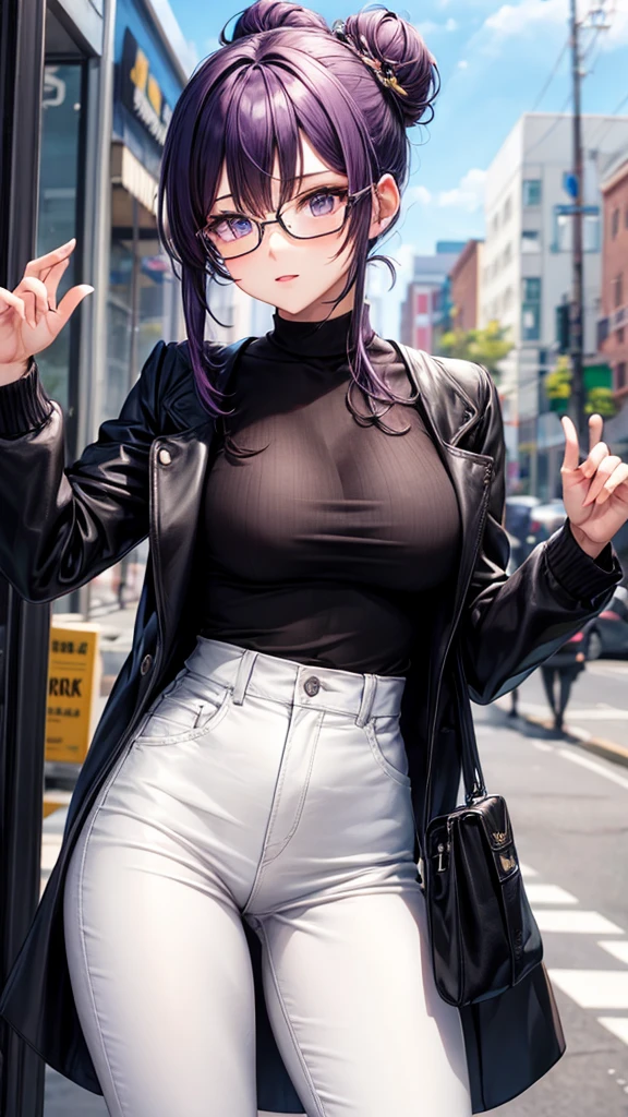 (masterpiece), best quality, expressive eyes, perfect face, purple hair, yellow eyes, women,  white blouse, hair in a bun, black pants, one person, pretty, anime, black glasses