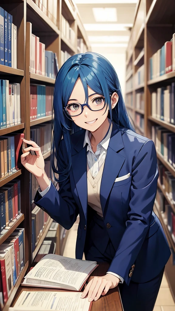 Gal、Wear glasses、laughing、Blue Hair、Wearing a suit、Around 25 years old、Anime style illustrations、Inside the library