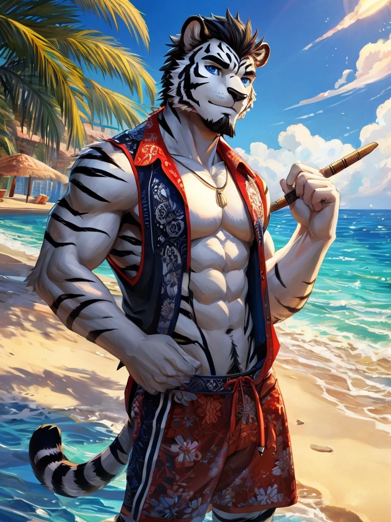 Masterpiece, Solo, Furry Black White Tiger, Blue Eyes, Medium Black Hair, Medium Black Facial Hair, Medium Muscular Body, Cool Pose, Handsome, Good Looking, Summer outfit, summer background. 