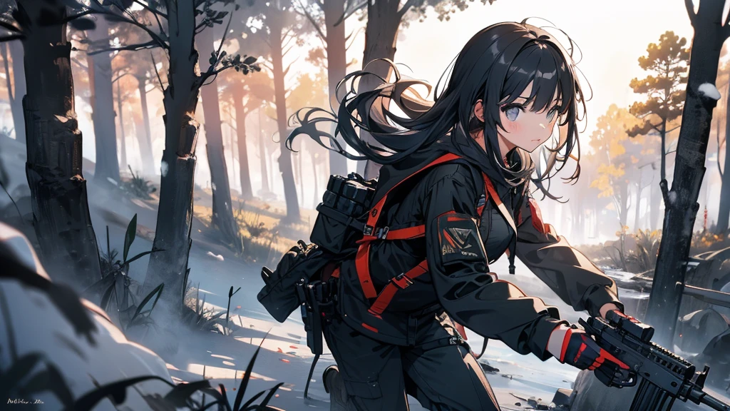 Girl having a gunfight in the wilderness