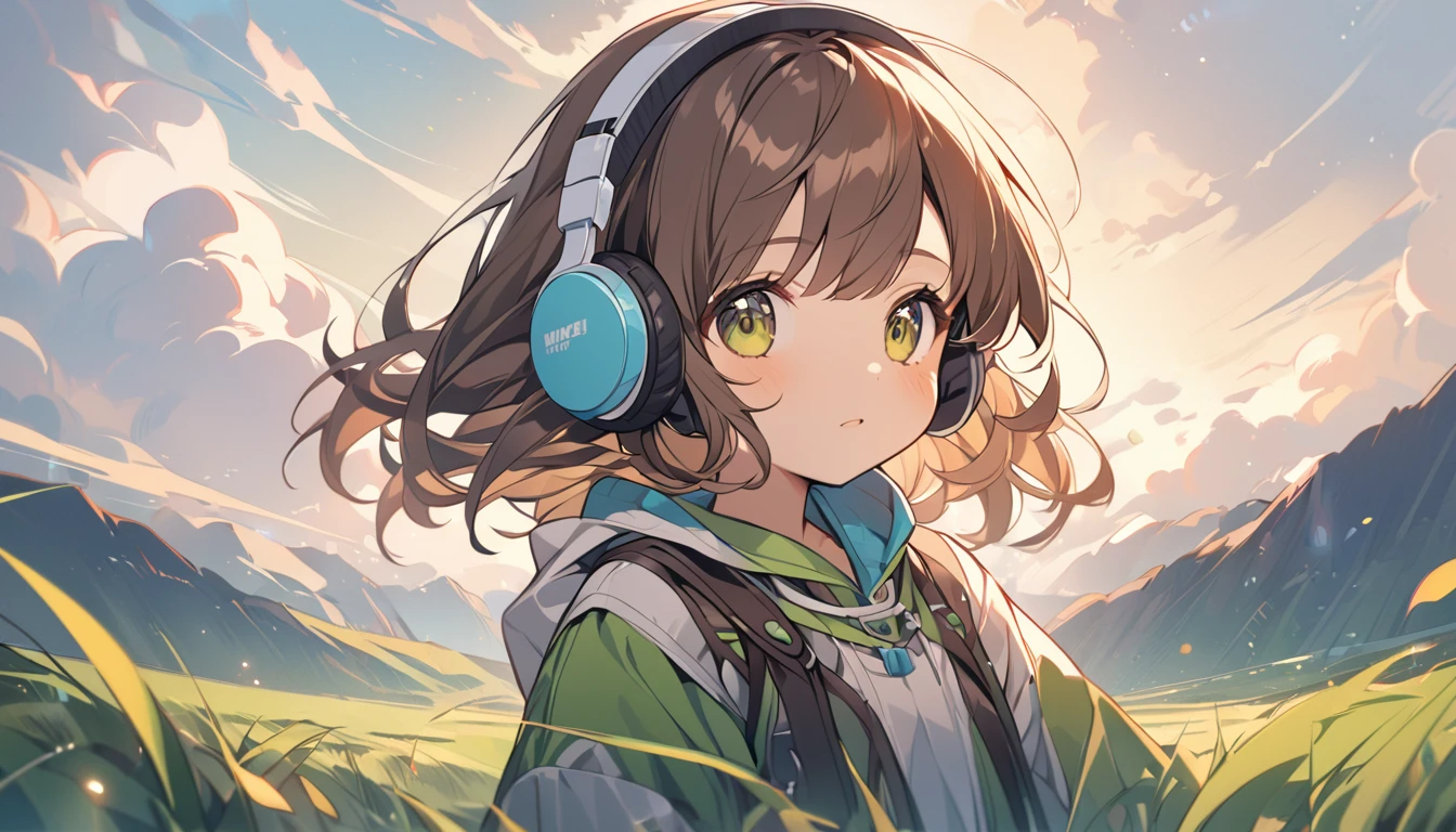 Girl wearing headphones,Brown Hair,1 person,bright,Detailed Background,Quiet Grassland - Free your mind in the vast grassland,Cute image