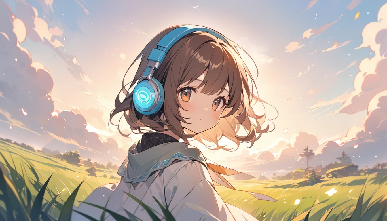 Girl wearing headphones,Brown Hair,1 person,bright,Detailed Background,Quiet Grassland - Free your mind in the vast grassland,Cute image