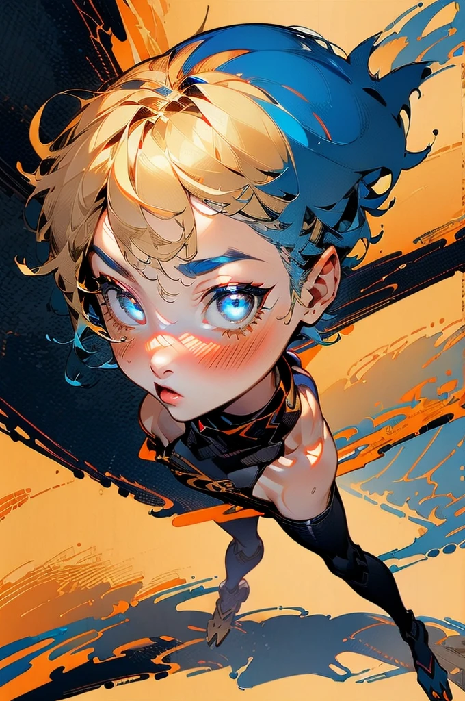 One Girl, Sunburn, (Ombre blonde to blue hair:1.5), Spider Girl, Four spider-like eyes, Iris, Satanic, Clothing Design, Tomboy, Are standing, Black and grey outfit, Red accent color