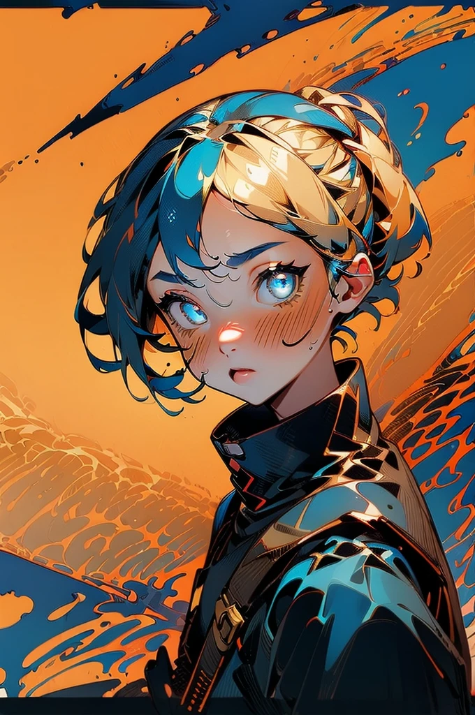 One Girl, Sunburn, (Ombre blonde to blue hair:1.5), Spider Girl, Four spider-like eyes, Iris, Satanic, Clothing Design, Tomboy, Are standing, Black and grey outfit, Red accent color