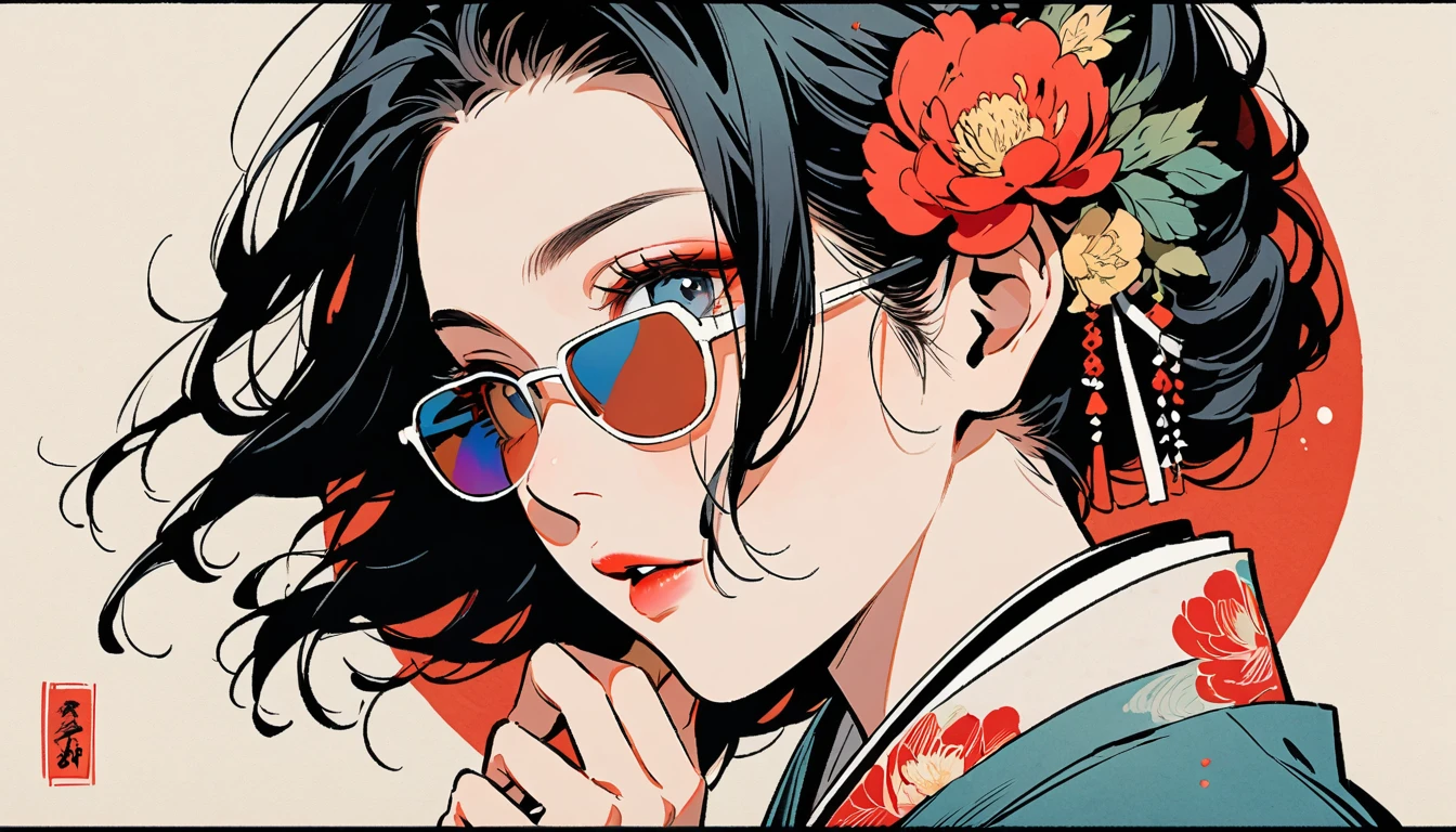 Fashion portrait color photos, Ink Painting, peony, sunglasses, TATOO, Beautiful Japanese Woman, Delicate and precise, Modern ukiyo-e style,