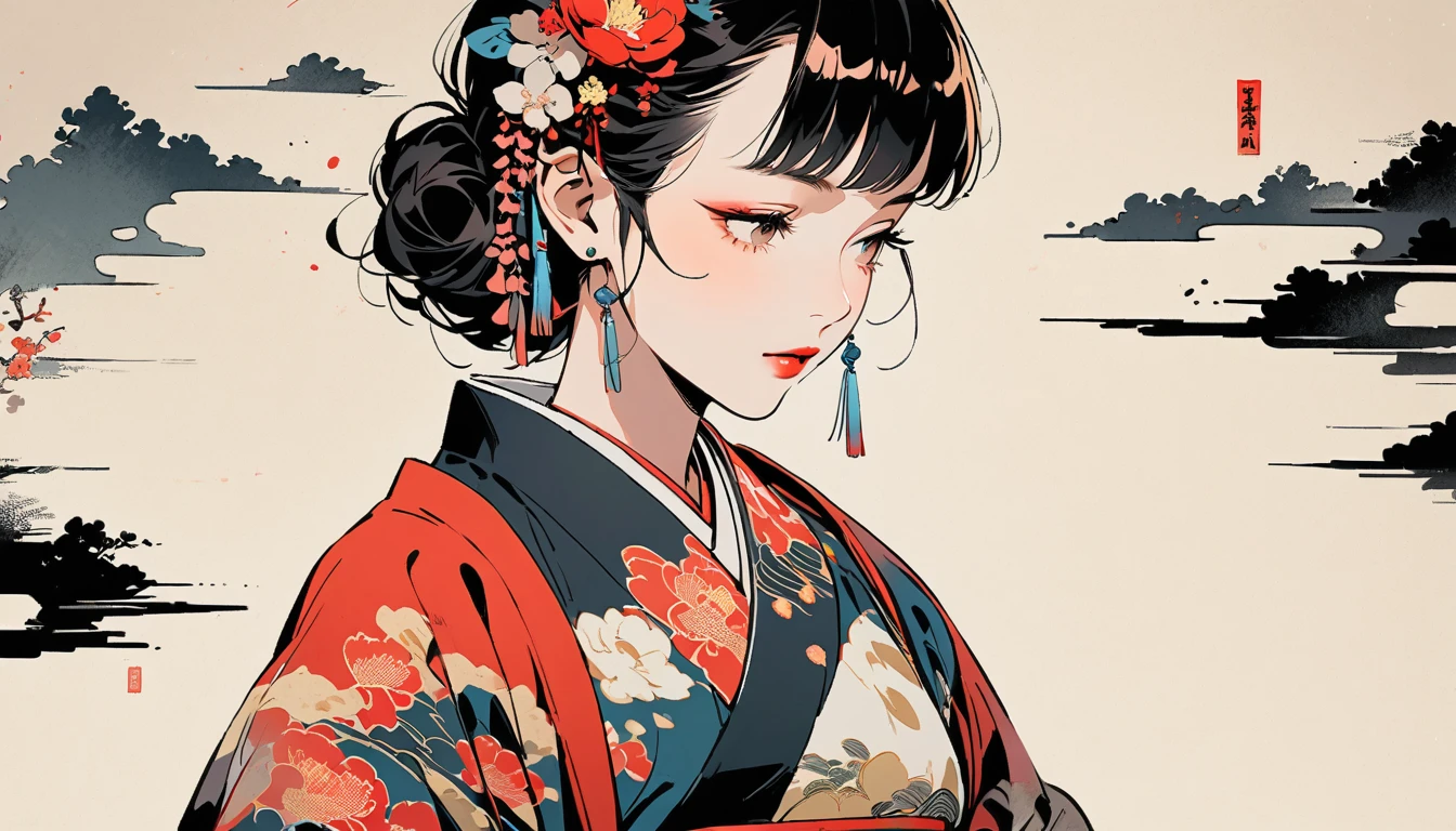 Fashion portrait color photos, Ink Painting, peony, sunglasses, TATOO, Beautiful Japanese Woman, Delicate and precise, Modern ukiyo-e style,