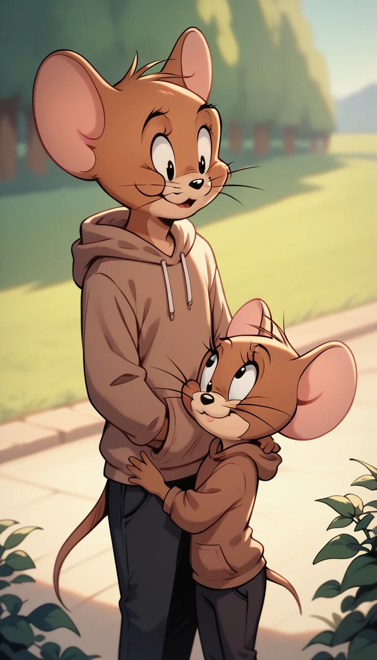 Fraction_9, Fraction_8, Fraction_9, Jerry, mouse, Whiskers, mouse ears, mouse tail, outdoor, Lovely,Brown hoodie,Black pants,whole body