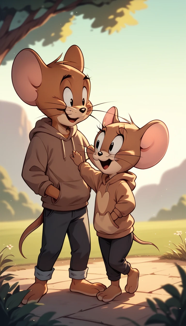 Fraction_9, Fraction_8, Fraction_9, Jerry, mouse, Whiskers, mouse ears, mouse tail, outdoor, Lovely,Brown hoodie,Black pants,whole body