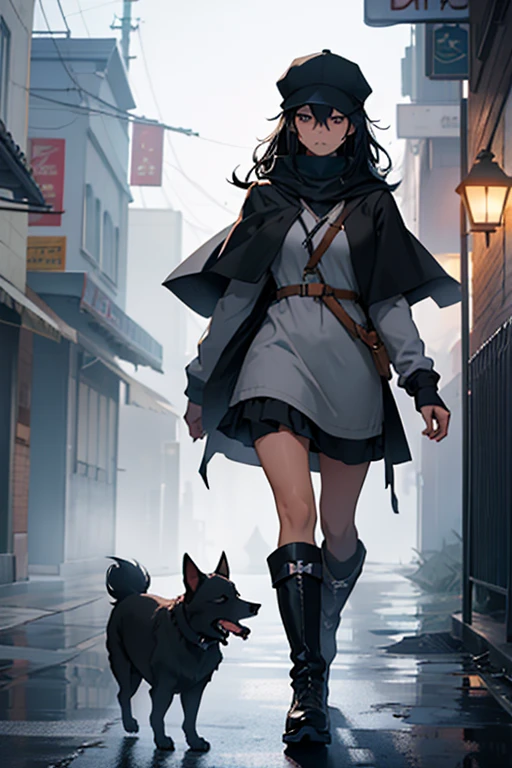 Early in the morning in a student town surrounded by fog, a female student with long black hair wearing a cap, an open cloak, a  and long boots walks down the street, a dirty stray dog ​​crosses in front of her
