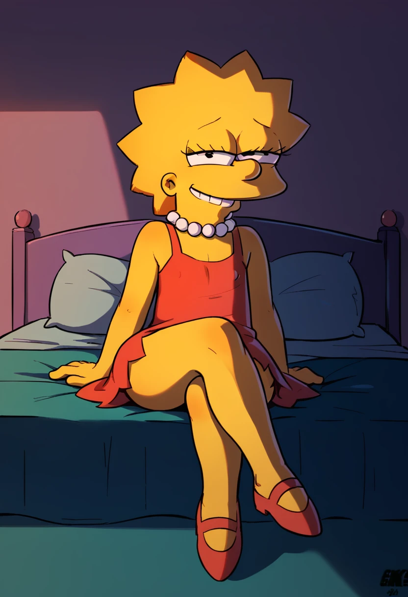 pov, lisa simpson, smile, half-closed eyes, looking at viewer, red dress, pearl necklace, handjob