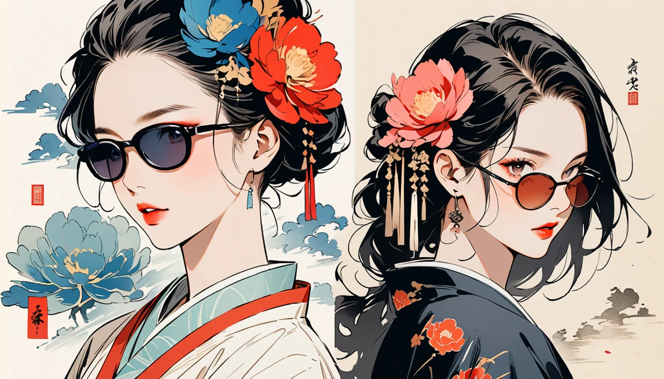 Fashion portrait color photos, Ink Painting, peony, sunglasses, TATOO, Beautiful Japanese Woman, Delicate and precise, Modern ukiyo-e style,