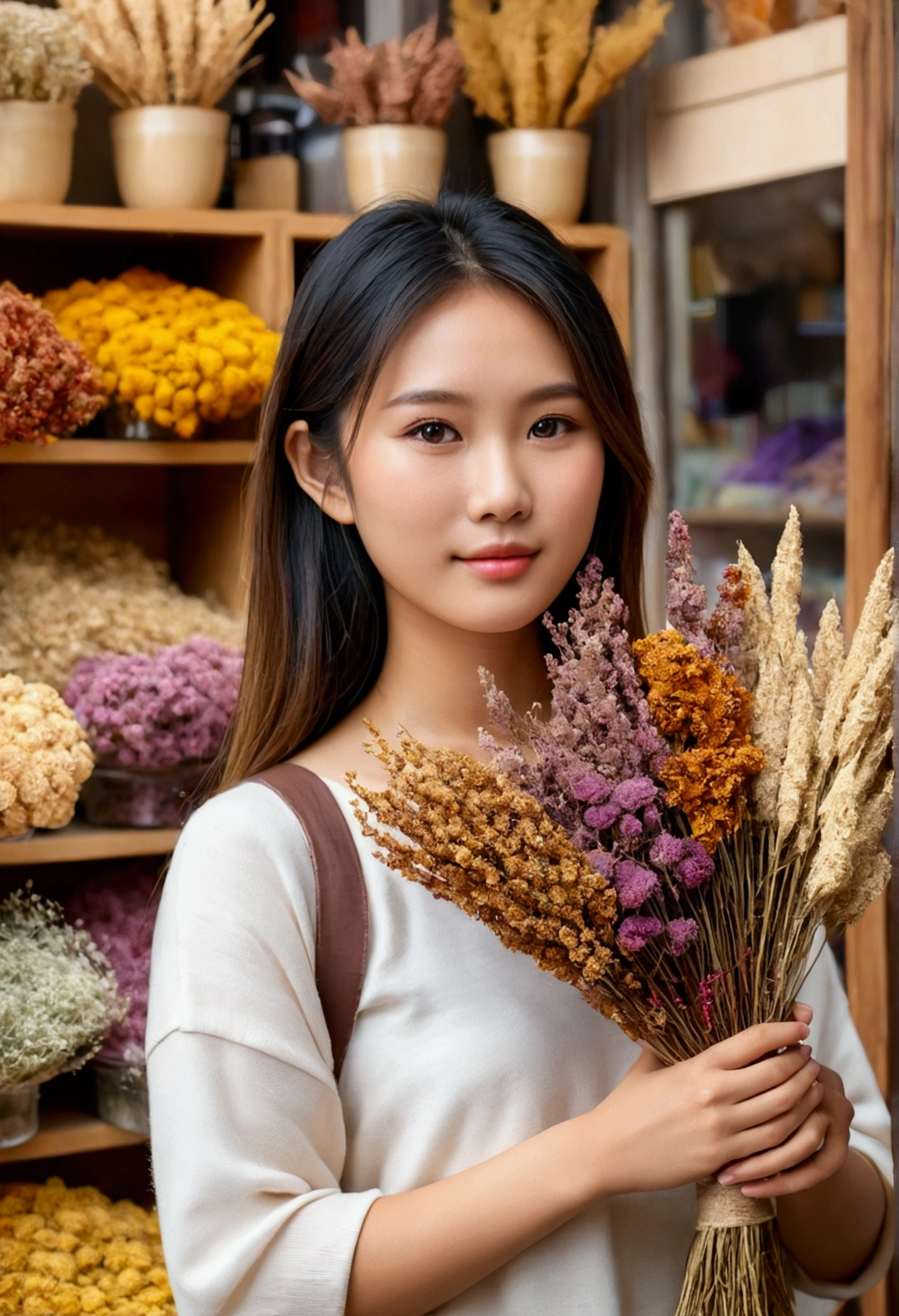 A cute asian model selling with Dried Flower shop. Dried Flowers background. photography style, 85mm bookeh detailed, high resolution, high quality, natural lighting, ultra-detailed. 8k