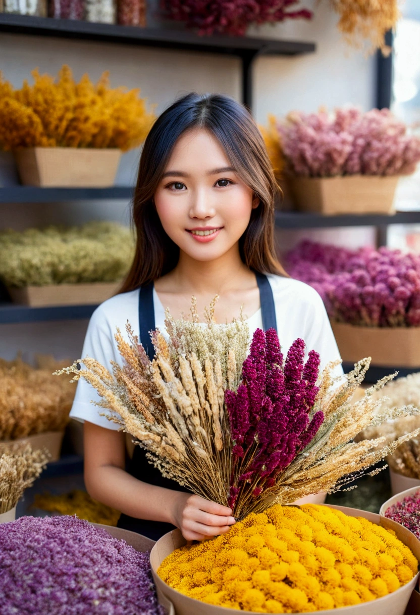 A cute asian model selling with Dried Flower shop. Dried Flowers background. photography style, 85mm bookeh detailed, high resolution, high quality, natural lighting, ultra-detailed. 8k