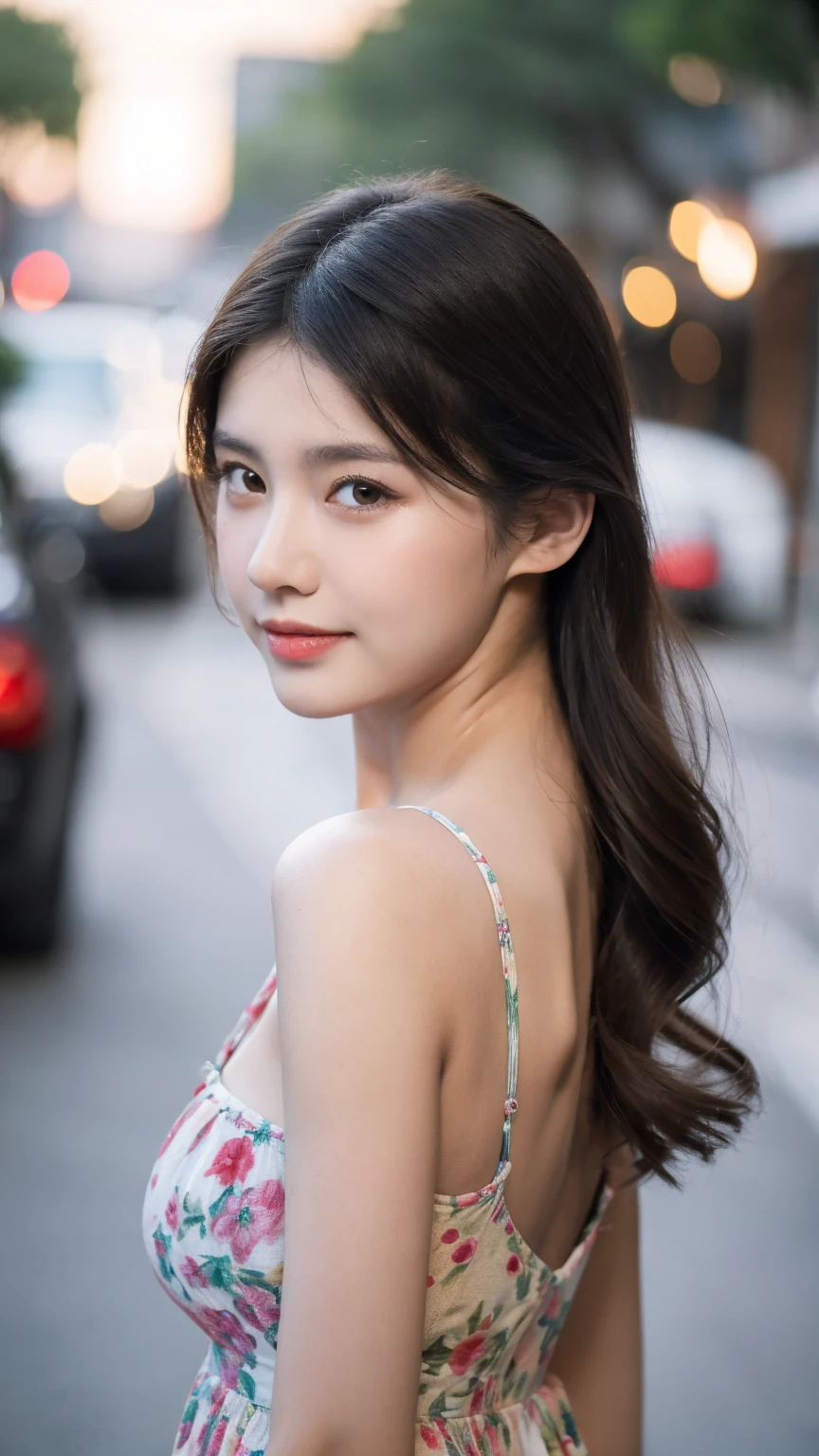 ((Best quality, 8k, masterpiece:1.3)),1girl,18 years old,Asian,Real texture:1.3,(Background blur:1.1),Dress Up,Tall and slender figure:1.2,(Hot summer weather),(street:1.3),Highly detailed face and skin textures,Exquisite eyes,Long eyelashes,Double eyelids,Skin Whitening,happy,Various postures,Breast